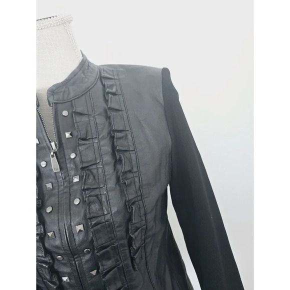 Peter Nygard Leather Ruffle Studded Knit Zip Motorcycle Jacket Small Petite SP - Picture 2 of 9